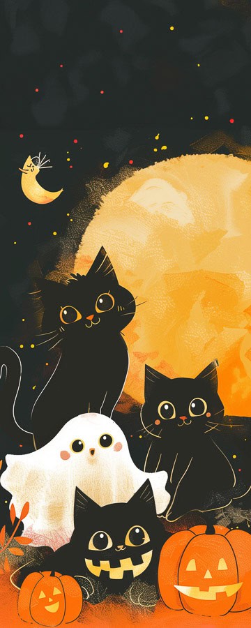 cute cats, ghost, and pumpkin in front of harvest moos