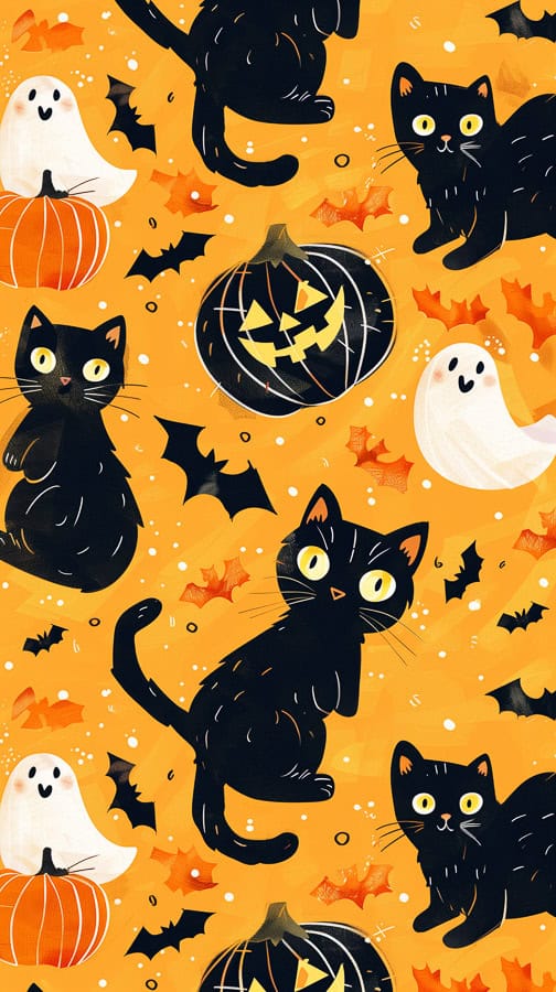 Cats, ghost, and pumpkin on orange background