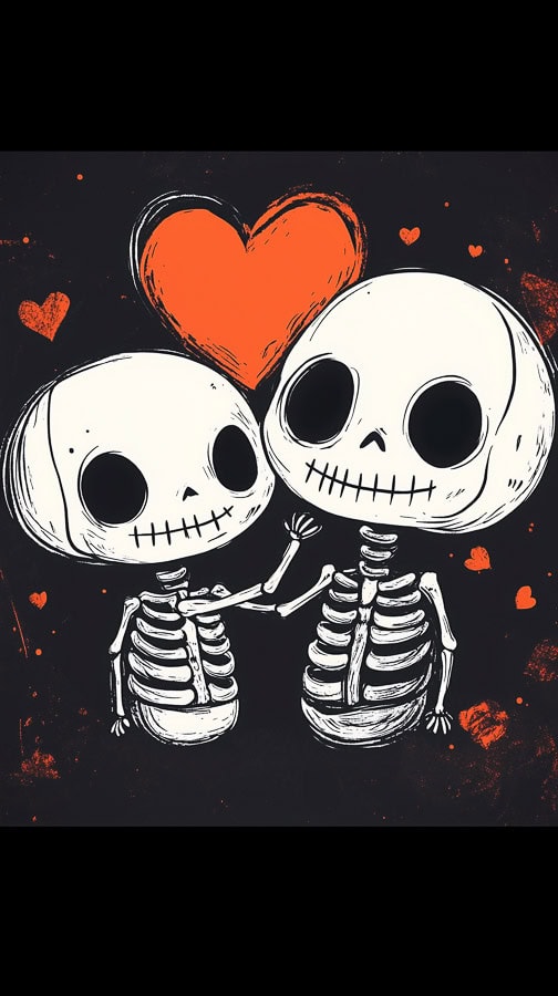 two cute skeletons with hearts