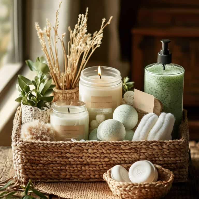 Relaxing spa essentials with candles, bath bombs, skincare products, and natural decor, perfect for women over 40 focused on self-care, wellness, and relaxation.