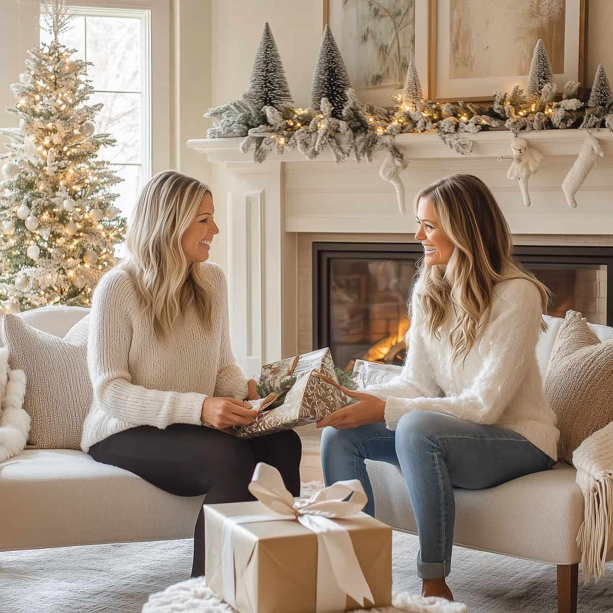 woman giving her sister in law a christmas gift