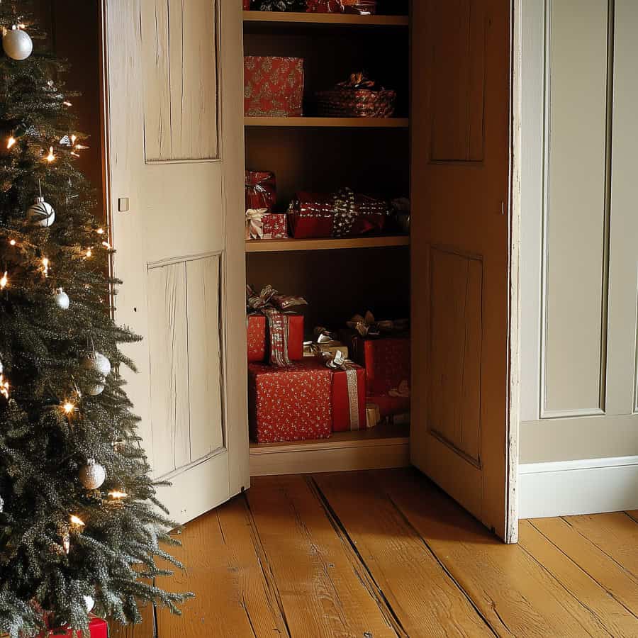 Christmas presents stored in closet