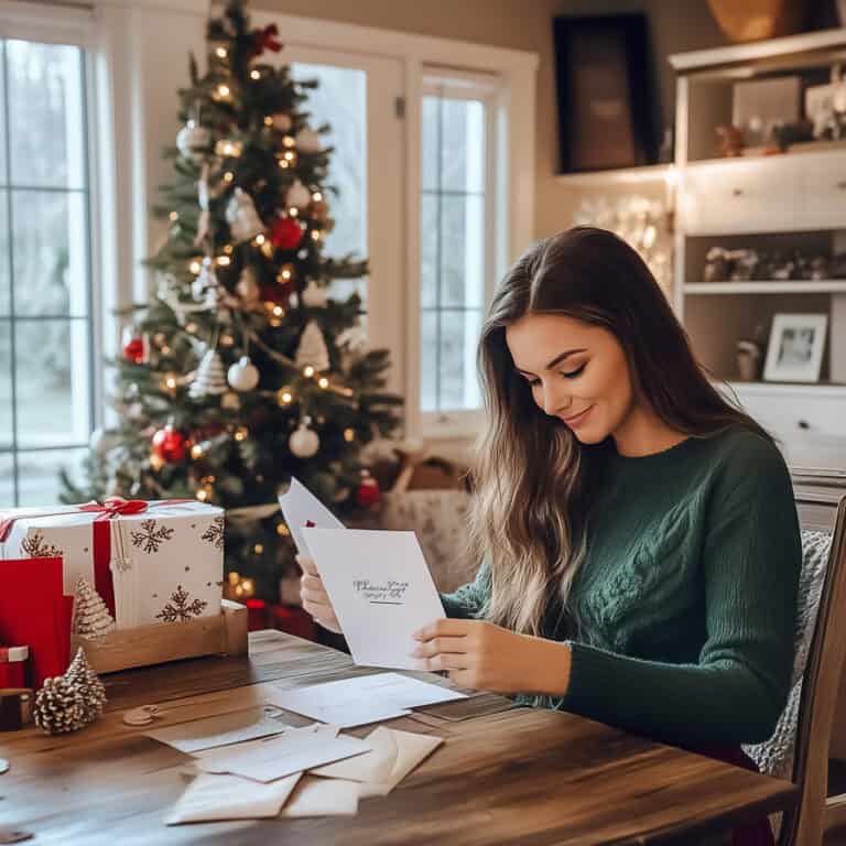 Christmas woman reading holiday card in home decorated with Christmas tree, gift boxes, and festive decor, promoting seasonal activities for women over 40 interested in fitness, wellness, and holiday cheer.