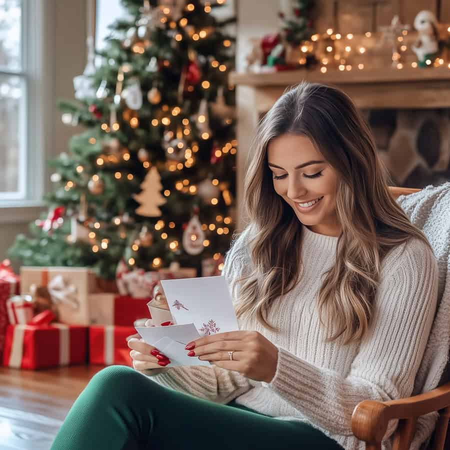 Woman reading Christmas Card