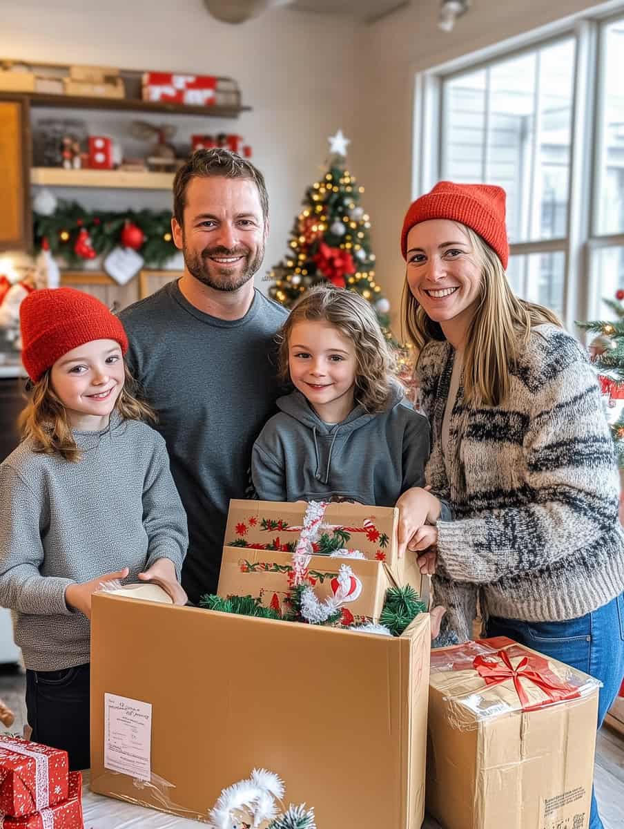 a family volunteering at Christmas