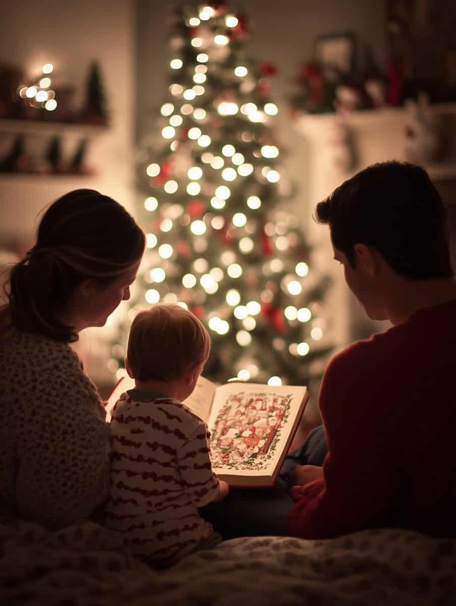 parents reading story to child christmas eve
