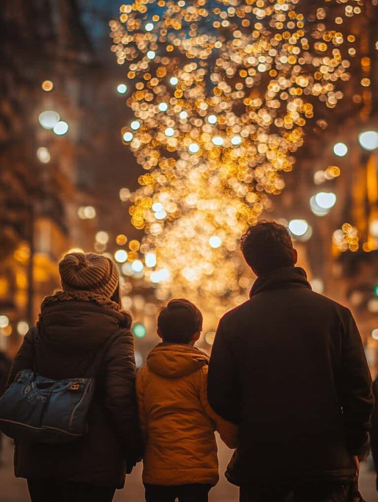 Vibrant holiday street scene featuring a family celebrating Christmas, with glowing lights and festive atmosphere, perfect for content about holiday cheer and family traditions.