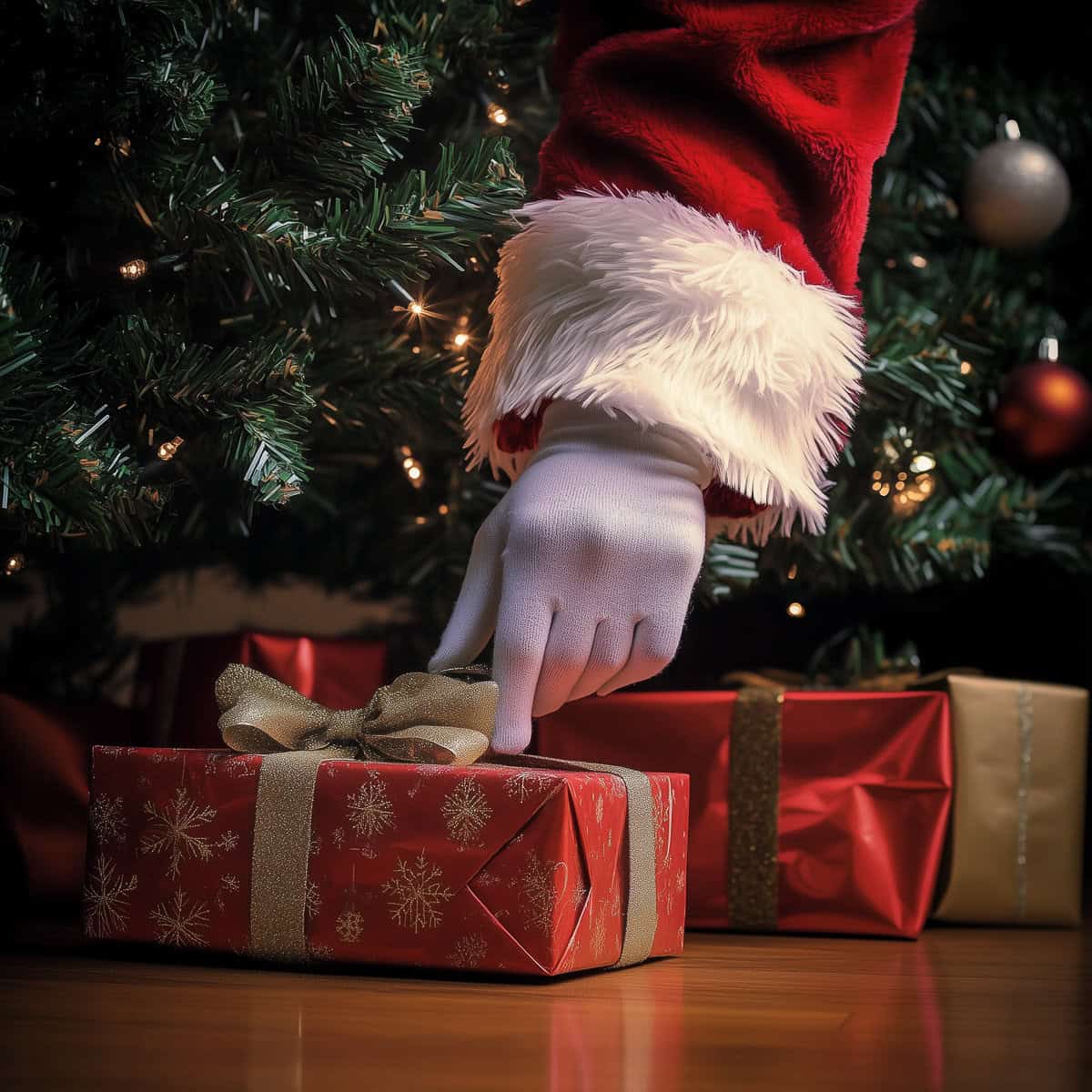 Santa leaving a present under the tree