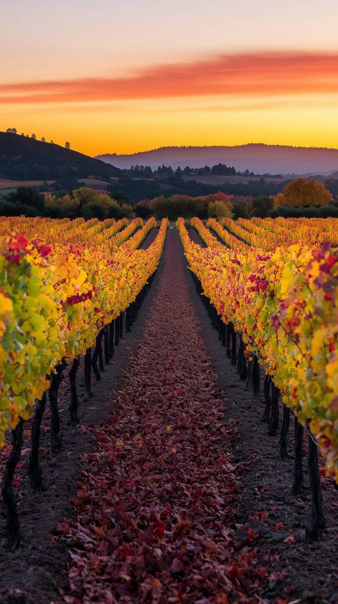 fall vineyard at sunset