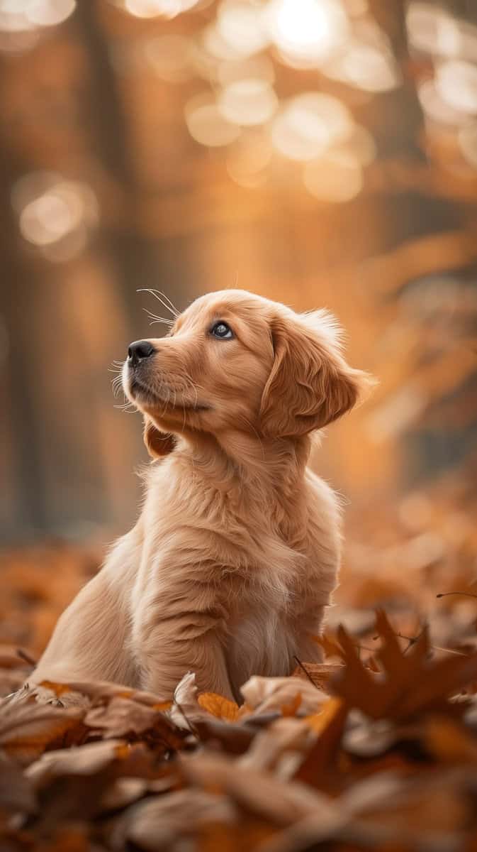 golden retriever pup in fall