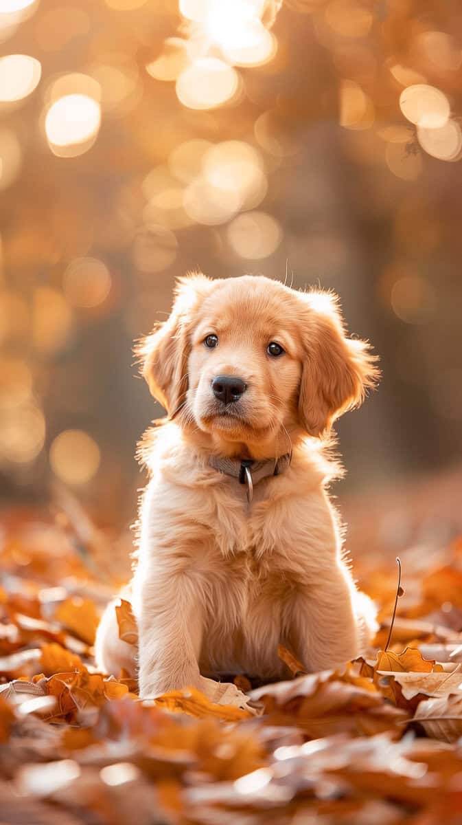 cute puppy in fall leaves