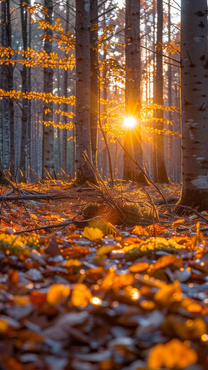 Sun setting in forest at fall