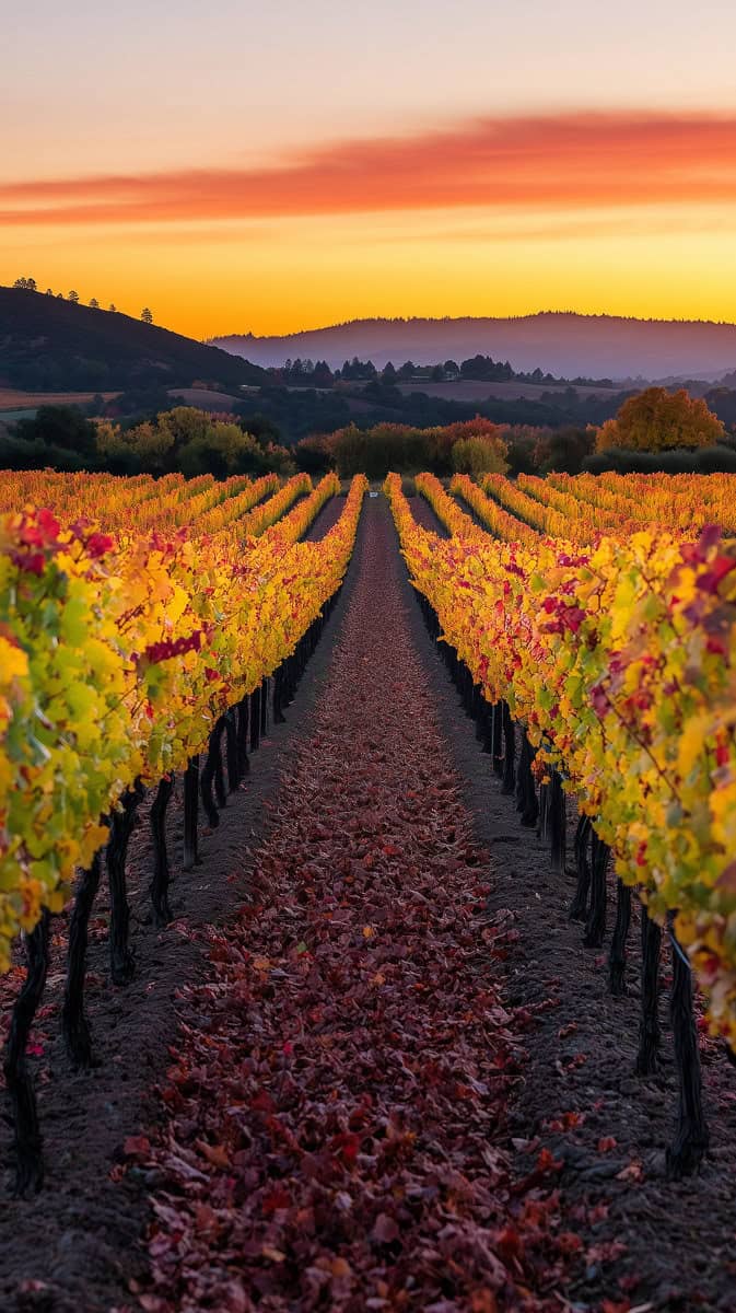 fall vineyard at sunset