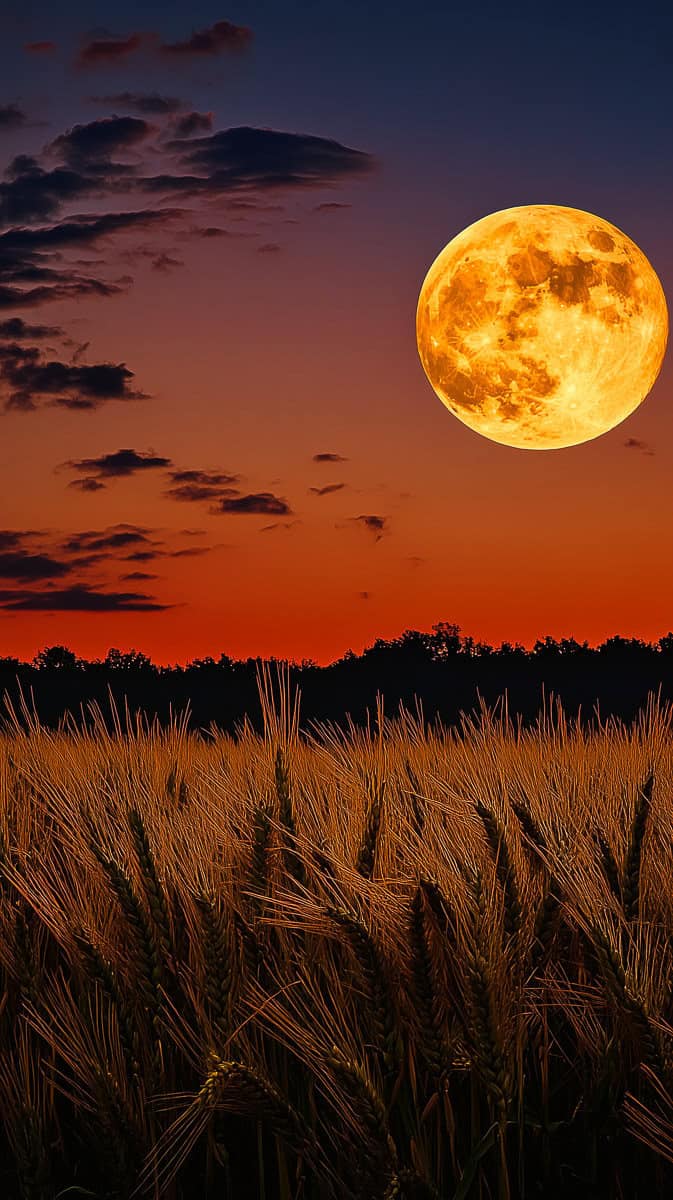 Harvest moon over wheat field