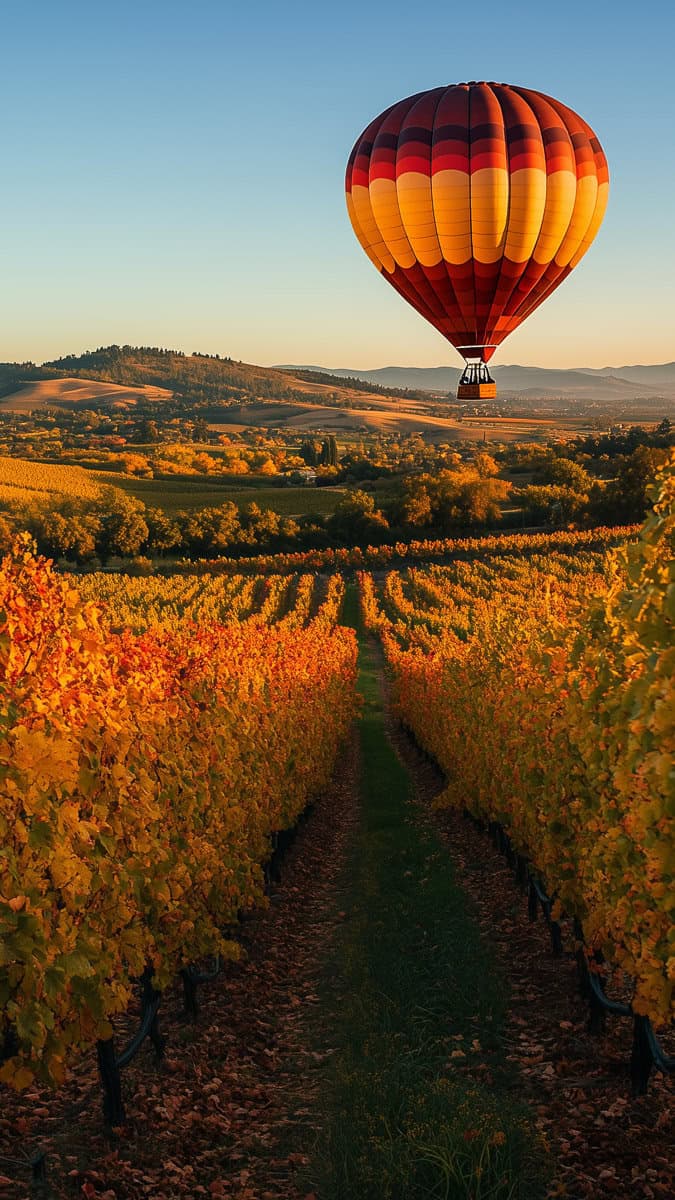 Hot air balloon over fall vineyard