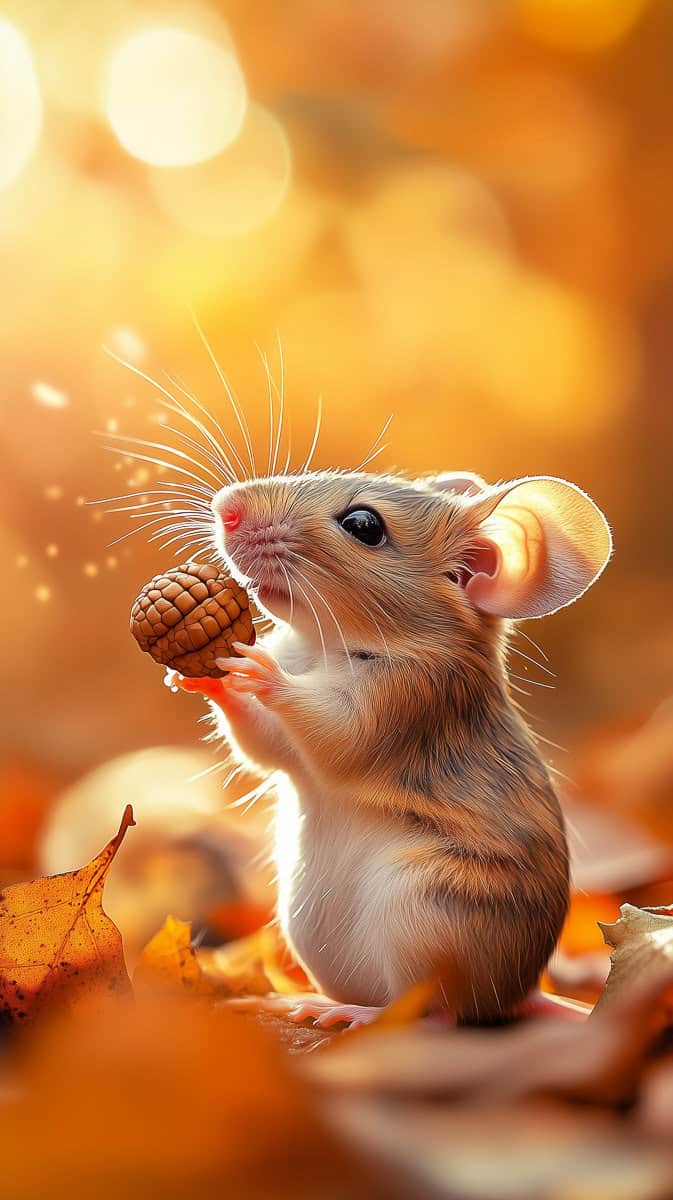mouse eating acorn in fall