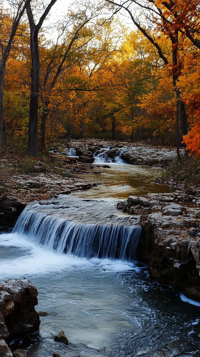 fall leaves at waterfall