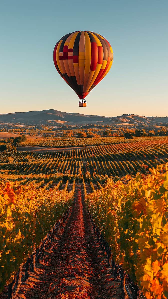 Colorful hot air balloon flying over a scenic vineyard during sunset, showcasing outdoor adventure and travel. Perfect for inspiring active lifestyles over 40, fitness, and fun in nature.
