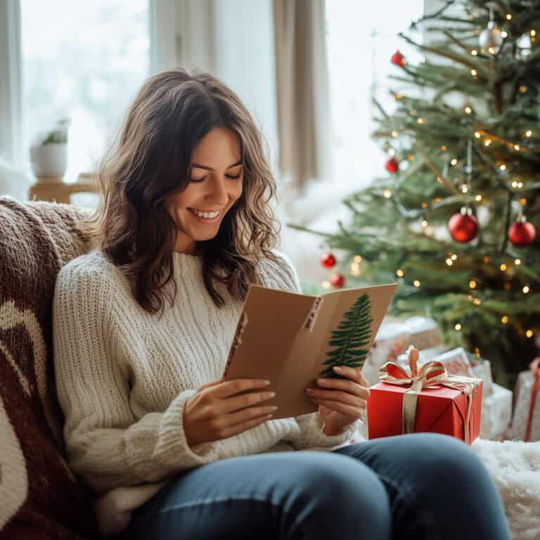 Relaxed holiday woman reading Christmas card near decorated tree, fit fun over 40, joyful woman celebrating holiday season, mature woman enjoying festive moments, cozy winter home Christmas celebration.