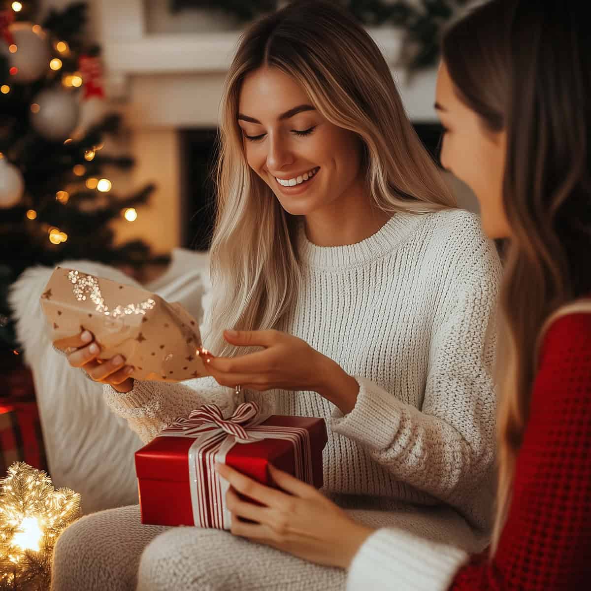 Woman opening a secret santa gift from a friend