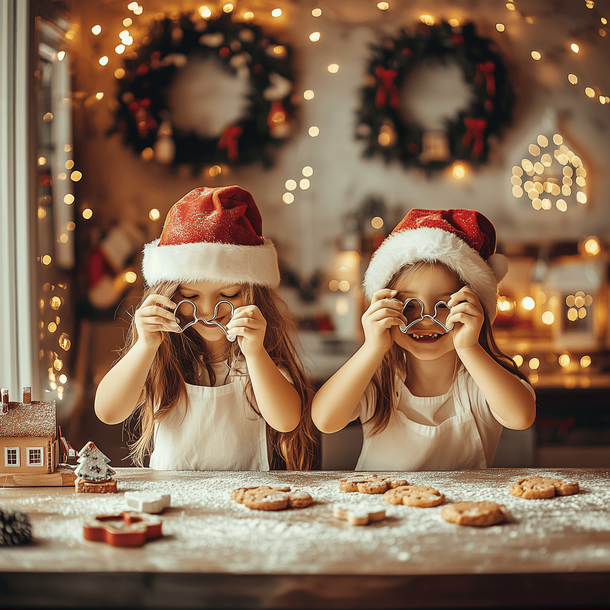 two kids baking christmas cookies