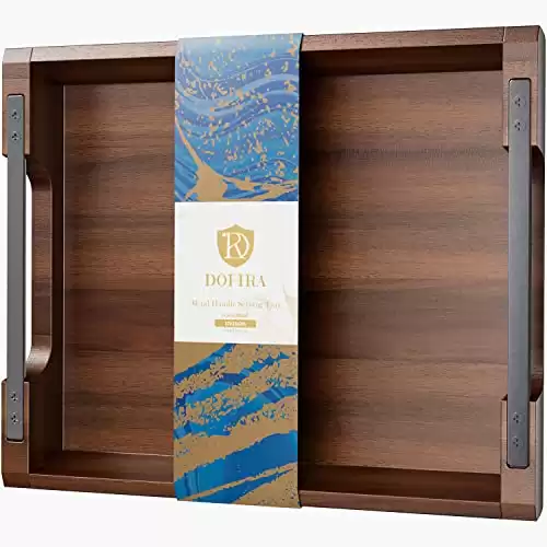 Dofira Acacia Wood Serving Tray with Metal Handles