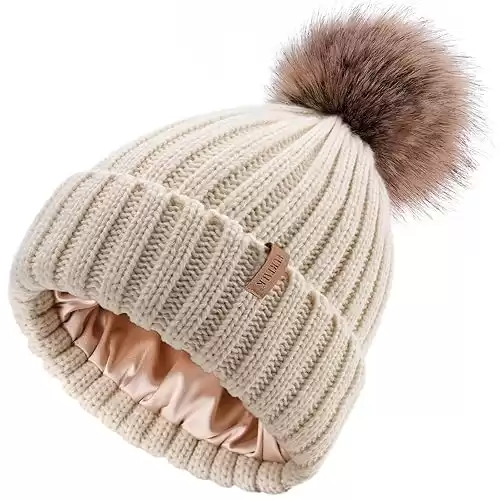 FURTALK Womens Winter Beanie Hat Satin Lined Faux Fur Pom Pom Beanies