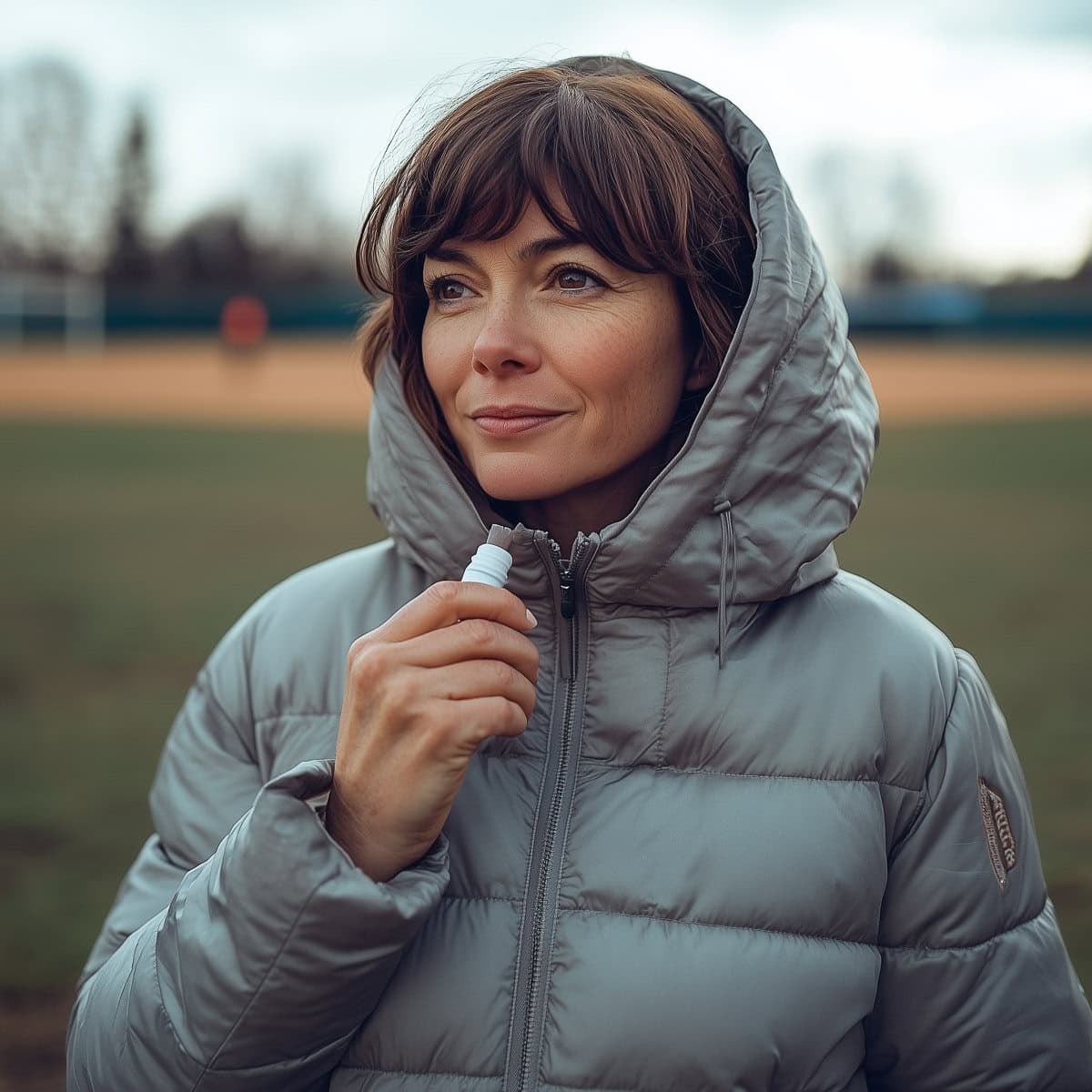 baseball mom using chapstick on sidelines