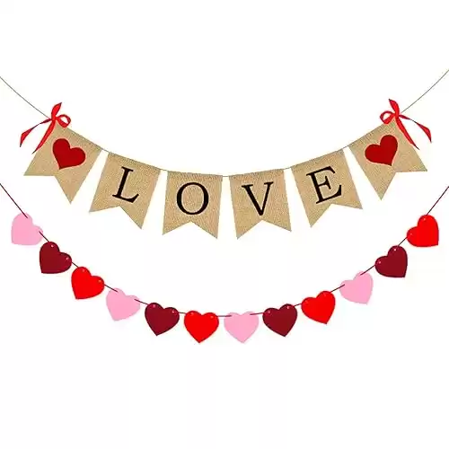 2 Pack Love Burlap Heart Felt Banner for Valentines Day Decorations