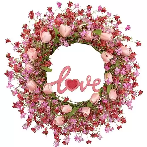 Valentines Day Wreath Decor, 22inch Artificial Pink Wreath