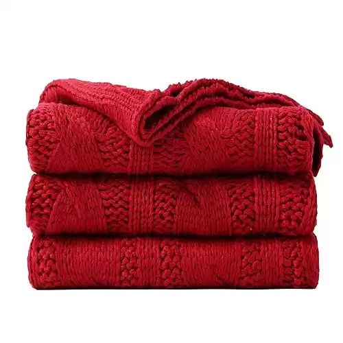 Battilo Red Cable Knit Throw Blankets for Couch