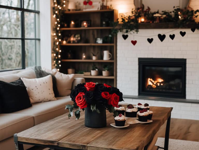 Vase of red and black roses with cupcakes on wooden coffee table in cozy living room with fireplace and Valentine's decorations, autumn or winter home interior, perfect for over 40 fitness and lifestyle.