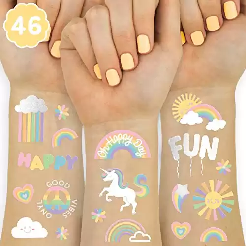 Rainbow Temporary Tattoos - 46 Glitter Styles | Unicorn Birthday Party Supplies