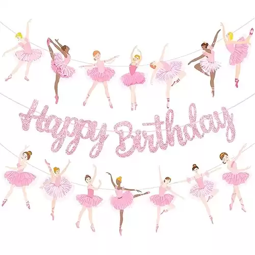 3Pcs Ballet Girls Happy Birthday Banners Glitter Pink Ballerina Birthday Decorations