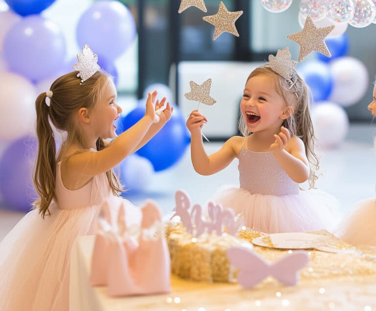 Happy children celebrating birthday party with glitter star wands, surrounded by colorful balloons and cakes, perfect for women over 40 fitness and wellness inspiration.