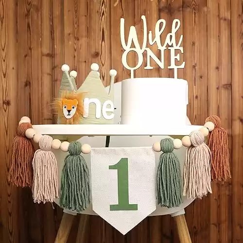 Wild One 1st Highchair Wood Bead Tassel Garland Lion Crown Hat Wooden Cake Topper Birthday Party Decorations