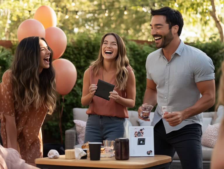 Cheerful adults enjoying a celebration outdoors with balloons and drinks, emphasizing fun, friendship, and social connections for women over 40.