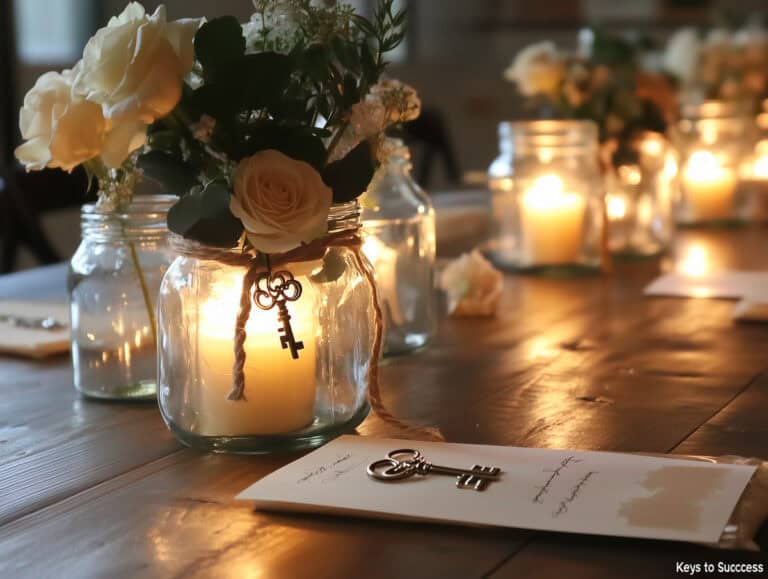 Soft-lit candle jars with elegant floral arrangements and vintage keys on a wooden table, creating a warm and inviting atmosphere for a fashionable, over-40 women’s event focused on fitness, fun, and success.