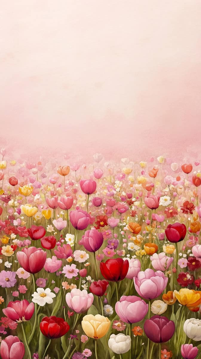 Pink tulip flower field on pastel pink background, vibrant spring garden scene for healthy living and wellness, targeted at women over 40 interested in fitness and fun activities for a healthy lifestyle.