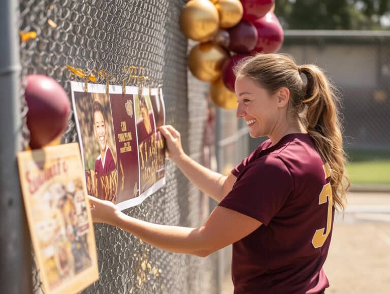 Smiling woman in sports jersey hanging celebration photos on a chain-link fence decorated with balloons, celebrating over 40 fitness achievements and milestones.