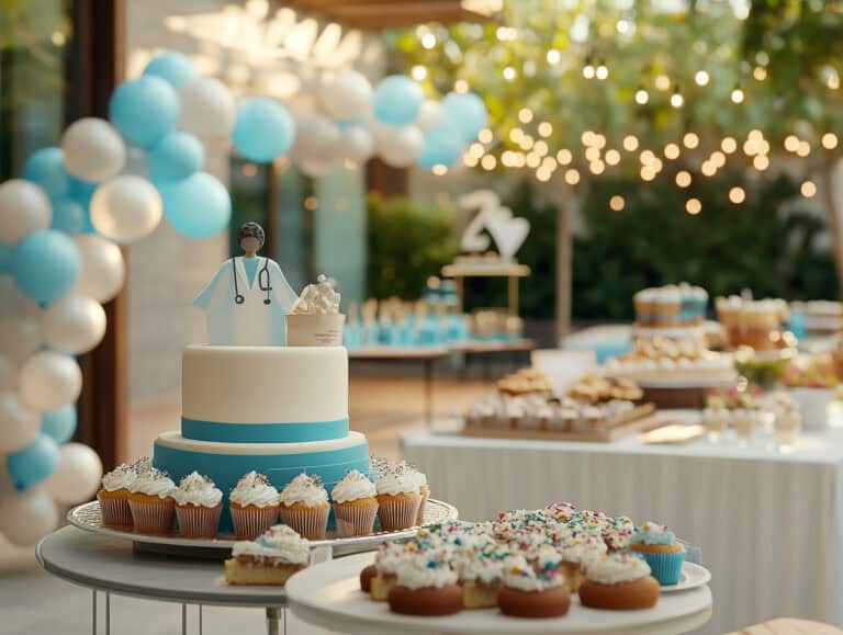 Elegant healthcare-themed birthday cake with doctor decoration and cupcakes, celebrating health and wellness for women over 40 at a festive outdoor party.