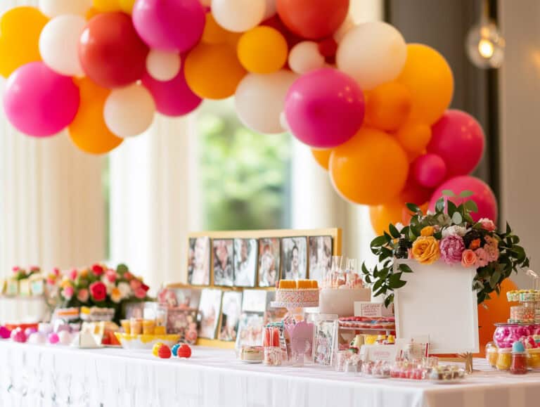 Colorful balloon arch decoration at a vibrant birthday celebration for women over 40, featuring cheerful pink, orange, and white balloons, floral arrangements, and sweet treats.