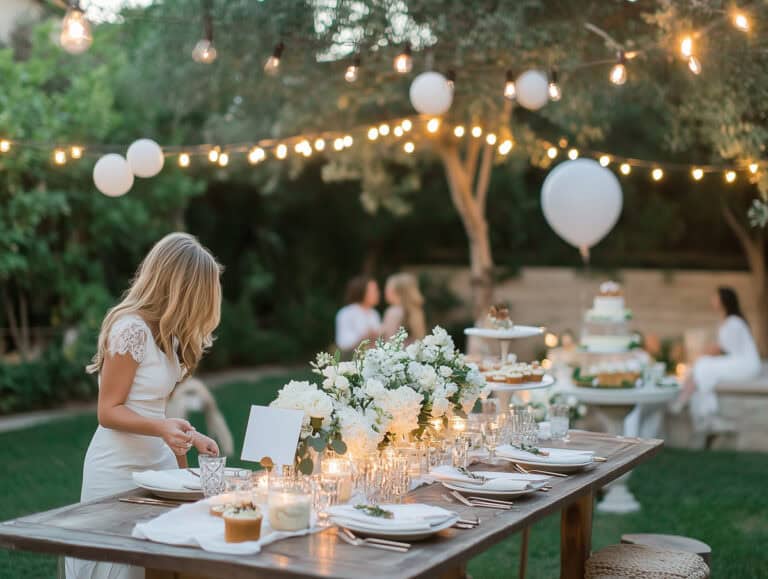 Elegant outdoor dinner party for women over 40, perfect for celebrating milestones with beautiful floral arrangements, fairy lights, and a sophisticated ambiance.