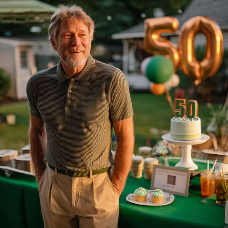 Celebrating 50th birthday with a smiling mature man at a garden party, surrounded by festive decorations, a birthday cake, cupcakes, and balloons with the number 50, emphasizing fun and wellness over 40.