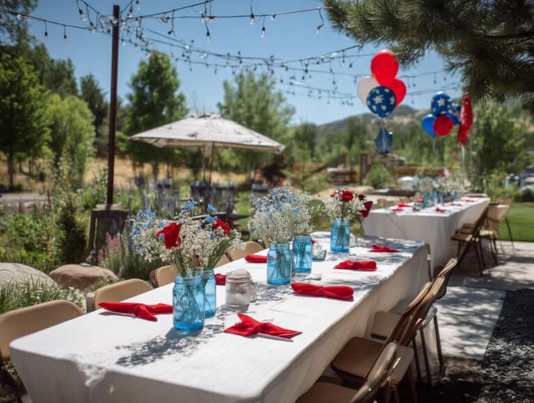 Colorful outdoor party setup with long tables, festive balloons, string lights, and floral centerpieces, perfect for celebrating with friends over 40 at a healthy lifestyle and fitness-focused event.