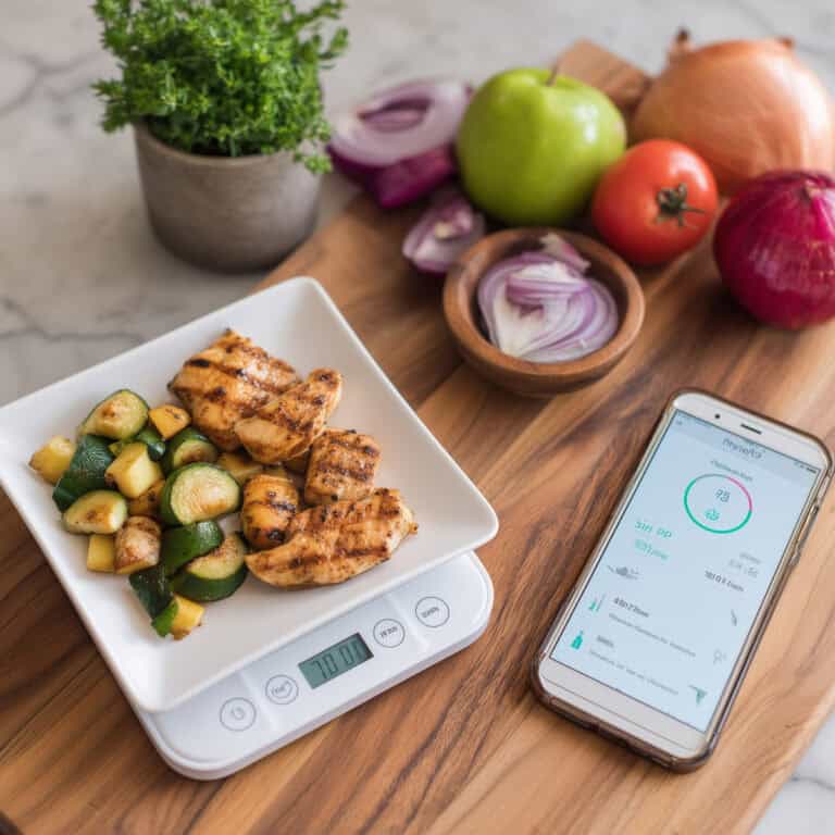 Fresh grilled chicken with zucchini and squash on a digital kitchen scale, healthy meal for women over 40, wholesome lifestyle, nutrition tracking, fitness and wellness, kitchen countertop.