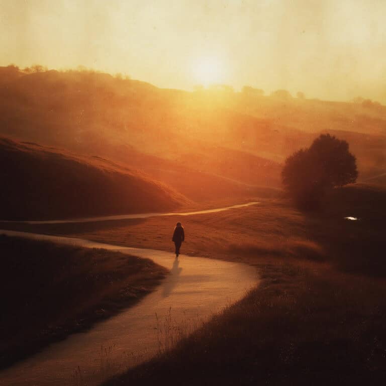 Sunset over rolling hills with a solitary person walking along a winding path, promoting outdoor activities and wellness for women over 40.