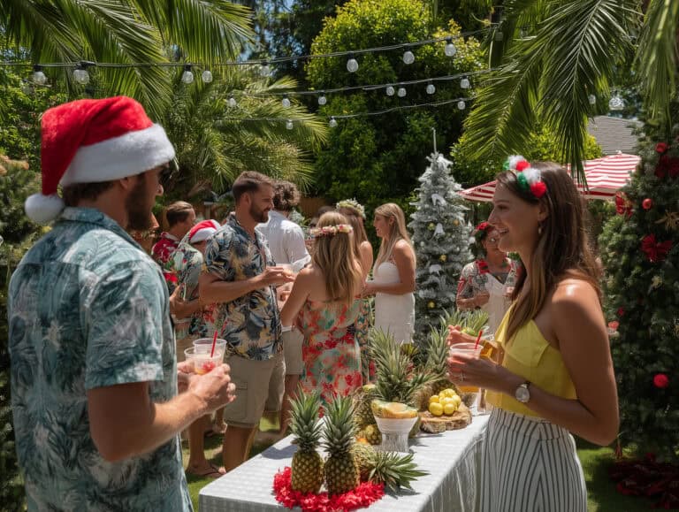 Festive outdoor holiday party with people wearing Christmas attire, enjoying tropical drinks, and surrounded by Christmas decorations, pineapples, and lush greenery.