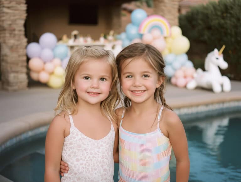 Happy young girls at a fun summer birthday party with colorful balloons and unicorn decorations by the pool, celebrating health, fitness, and joy for women over 40.