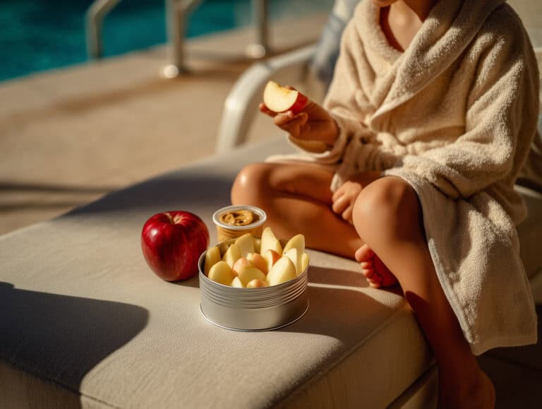 Fresh apple slices and healthy snacks on poolside lounge chair for women over 40 enjoying wellness, relaxation, and nutritious eating.